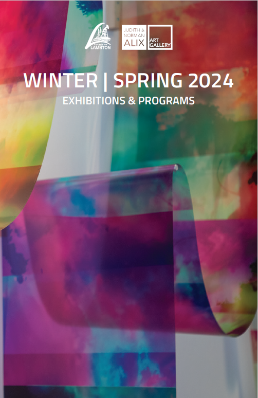 abstract art with many colours like magentas, blues, greens, read and text overlay that says Judith & Norman Alix Art Gallery Winter / Spring 2024 Exhibitions & Programs