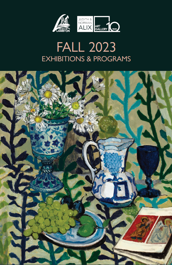 Program brochure cover featuring a still life painting of a vase of white daisys, a blue and white pitcher, grabes and an apple with a floral background